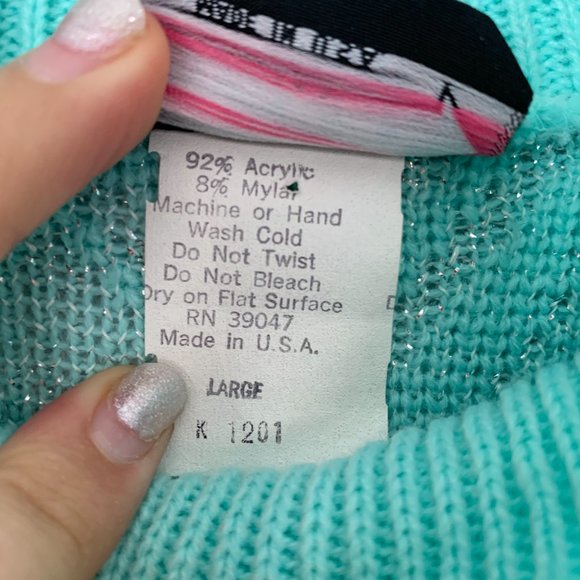VINTAGE Mint Blue Christmas Ski Sweater Silver Winter Holiday Sweater Sparkly - Picture 12 of 12